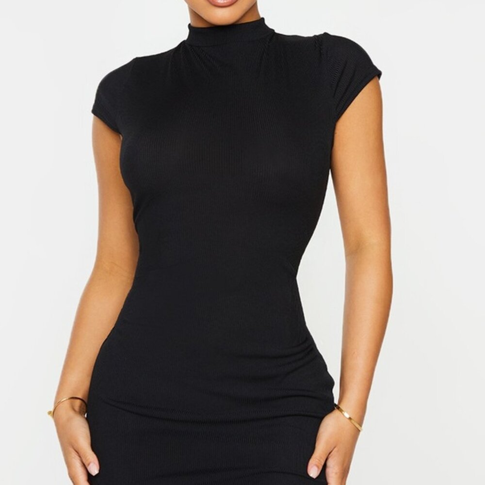 NWT | PrettyLittleThing | Black High Neck Ribbed Bodycon Dress, Size 0